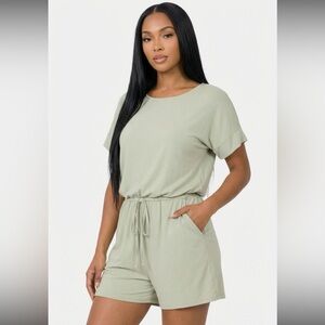 Dust Green Plus Romper with Elastic Waist & Back Keyhole